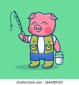 Cute Pig Fishing with Fishing Rod Cartoon Vector Illustration. Pig icon cartoon concept. Animal illustration. Flat Cartoon Style Suitable for Product, Apparel, Digital Print