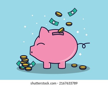 Un cerdo bien hecho en un estilo plano. Ahorra dinero. Monedas y dólares. Ilustración vectorial.
