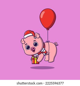 cerdo lindo flotando con globo cargando una caja de regalo