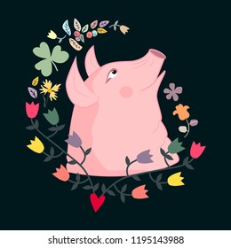 Cute pig in floral frame on black background. Symbol of Chinese New Year 2019. Dreamy piggy looking up