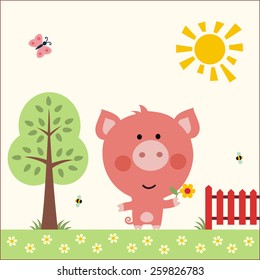 Cute pig with flower.