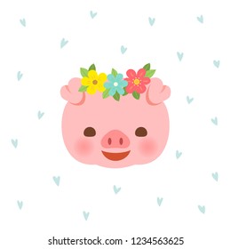 Cute Pig With Flower Crown On Blue Hearts Pattern