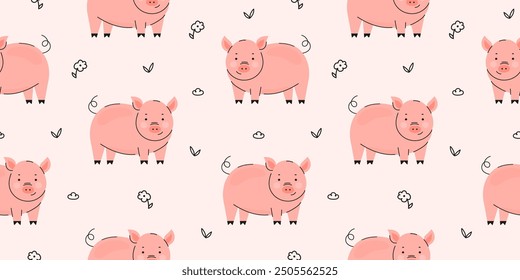 Cute pig with flower seamless pattern background