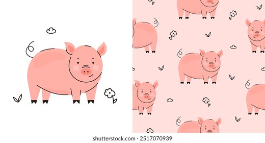 Cute pig with flower seamless pattern background