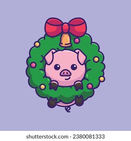 Cute pig flower wreath simple cartoon vector illustration christmas concept icon isolated