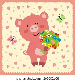 Cute pig with flowers