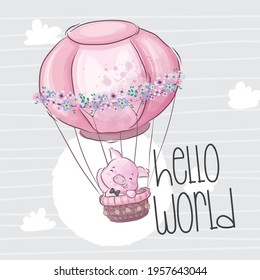 Cute pig flying with balloon cartoon animal