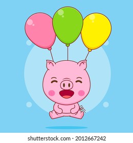 Cute Pig Flying With Balloon Character Cartoon Illustration