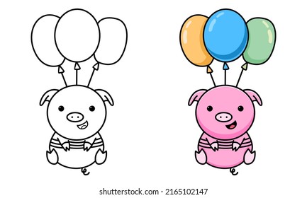 Cute Pig Flying With Balloon Coloring Page For Kids