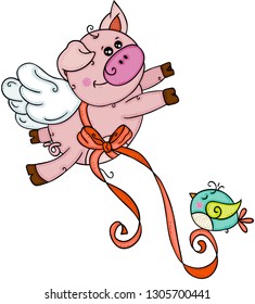 Cute pig flying with bird