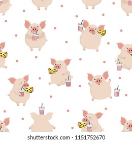 Cute pig and food seamless pattern. Pizza and cola are fast-food background.