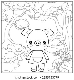 Cute pig in the forest. Coloring book for children. Cartoon vector illustration.