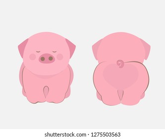 Cute pig front and back vector. Funny piglet cartoon.Year of the pig in Chinese horoscope. T-shirt or card design illustration.