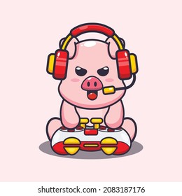 Cute pig gamer. Cute cartoon animal illustration.