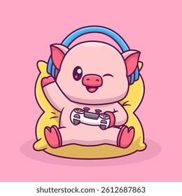 Cute Pig Gaming Cartoon Vector Icon Illustration. Animal Technology Icon Concept Isolated Premium Vector. Flat Cartoon Style