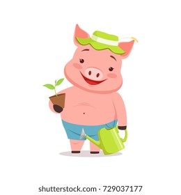 Cute pig gardener standing with watering can and flower pot, funny cartoon animal vector Illustration