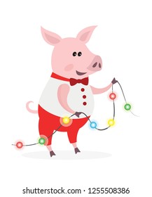 Cute pig with garland. Symbol of Chinese New Year 2019. Vector illustration.