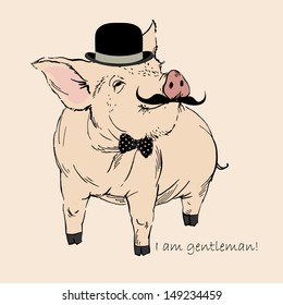 Cute Pig Gentleman in Bowler Hat and Mustache, Piggy Hipster, Retro Look, Vector Illustration