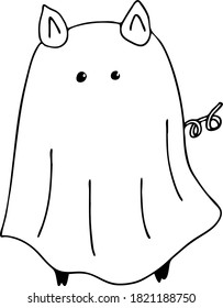 cute pig ghost vector illustration. ghost sketch. halloween greeting card. set of stickers. Hand drawn spirit 