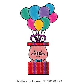 cute pig in gift with balloons helium