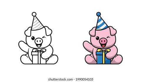 Cute pig with gift box cartoon coloring pages for kids