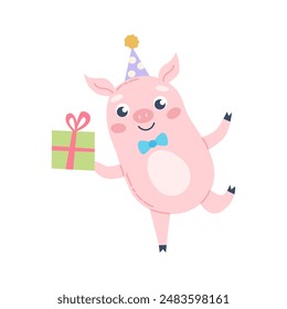 Cute pig with a gift wearing party hat. Birthday greetings. Vector illustration