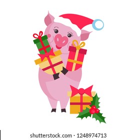 Cute pig with gifts isolated on white background, symbol in the Chinese calendar the of the 2019 Year. Vector illustration. Symbol of 2019.