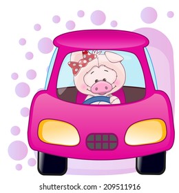 Cute Pig girl is sitting in a car 