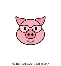 Cute pig with glasses. Front view. Colored vector isolated illustration on white background. Flat style and design.