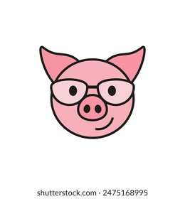 Cute pig with glasses. Front view. Colored vector isolated illustration on white background. Flat style and design.