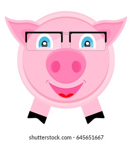 Cute pig in glasses. Vector cartoon illustration. Clipart and drawing on white background.  