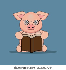 cute pig with glassess read book cartoon 
