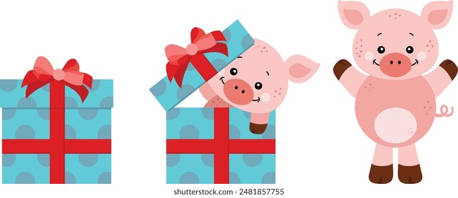 Cute pig going out of blue birthday gift with red ribbon bow