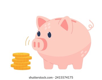 Cute pig with golden coins on white background. Piggy bank with coins