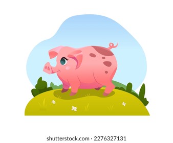 Cute Pig Grazing in the Meadow. Farm Animal. Vector Illustration in Cartoon Style.