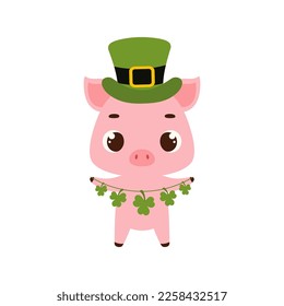 Cute pig in green leprechaun hat with clover. Irish holiday folklore theme. Cartoon design for cards, decor, shirt, invitation. Vector stock illustration.