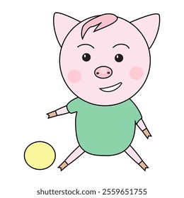 Cute pig in green shirt enjoys playing with a yellow ball.