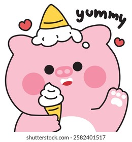 Cute pig greeting with ice cream.Sweet and dessert.Yummy text.Farm animal character cartoon.Image for card,sticker,baby clothing,print screen.Kawaii.Vector.Illustration.