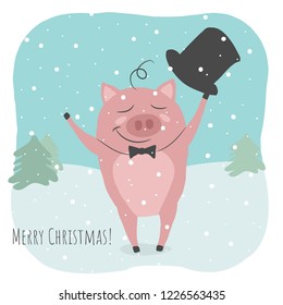 A cute pig is greeting New Year and Christmas.Beautiful winter illustration. Perfect for kids cards, posters, banners, book illustration and other design projects. Vector eps10.