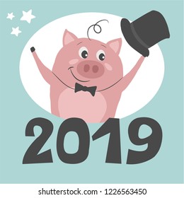 A cute pig is greeting New Year and Christmas.Beautiful winter illustration. Perfect for kids cards, posters, banners, book illustration and other design projects. Vector eps10.
