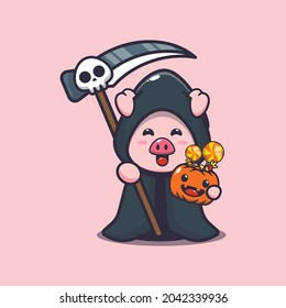 
cute pig grim reaper holding halloween pumpkin
