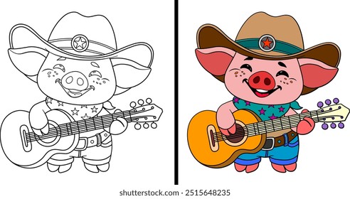 Lindo cerdo. Cerdo con una guitarra, con un sombrero de vaquero. Dibujo para colorear.Ilustración vectorial.