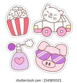 Cute pig hand drawn with various object stickers
