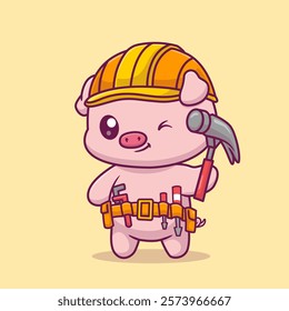 Cute Pig Handyman Holding Hammer Cartoon Vector Icon 
Illustration. Animal Profession Icon Concept Isolated Premium 
Vector. Flat Cartoon Style 