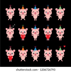 cute pig happy birthday cartoon collection vector.