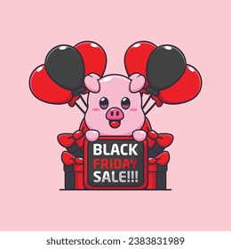 cute pig happy in black friday sale cartoon vector illustration