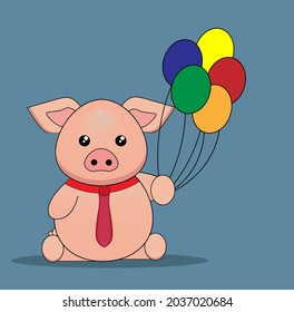 cute pig happy hold balloon cartoon 