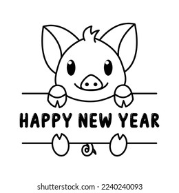 Cute pig with happy new year sentence cartoon characters vector illustration. For kids coloring book.