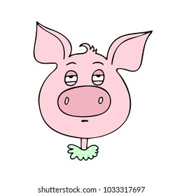 The cute pig has an expression of boredom and fatigue. Vector illustration of cartoon style