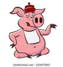 Cute pig in hat and bib shows a little teapot. Pink piggy cartoon character vector stock illustration